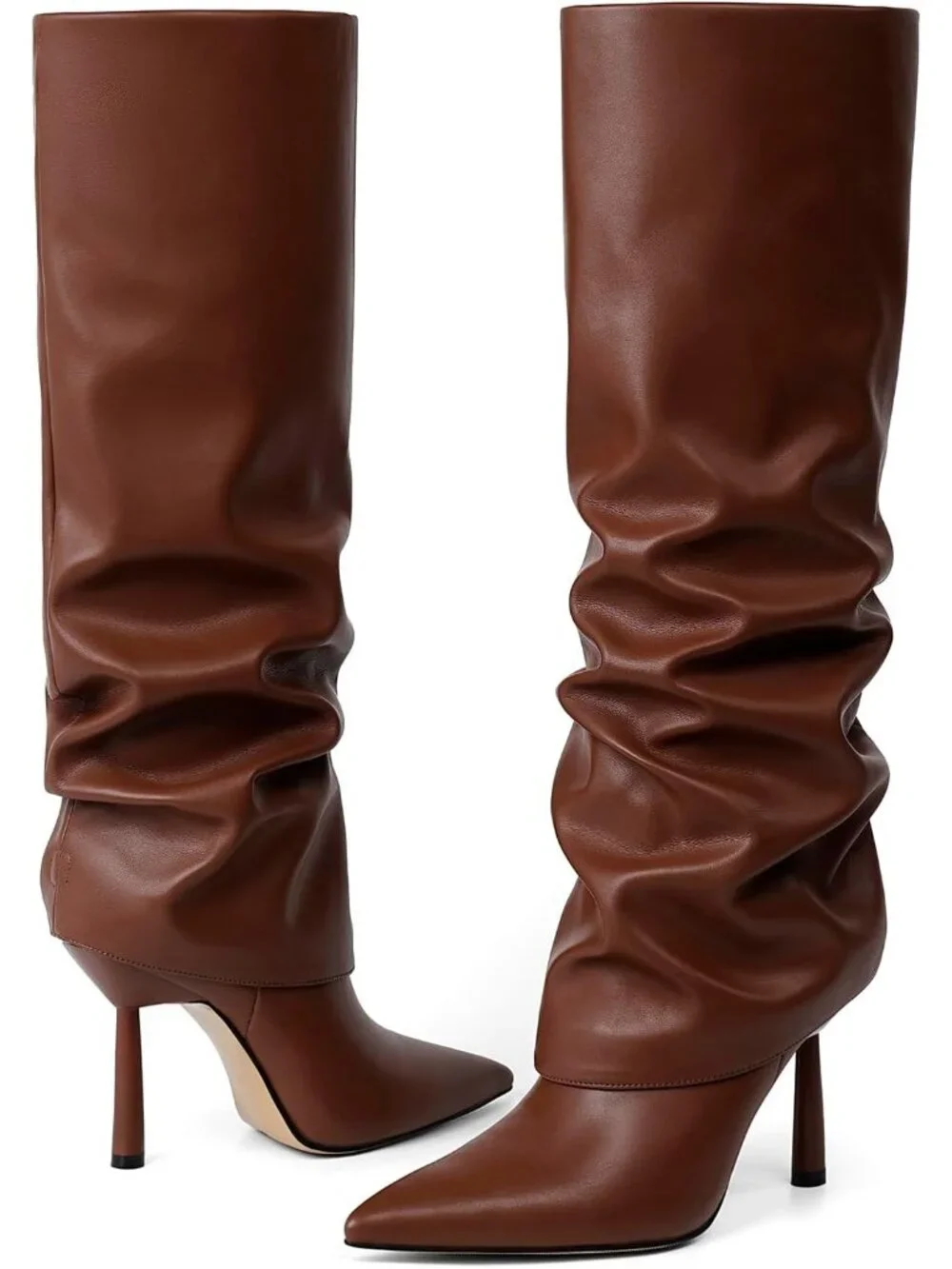 Women's Brown 1 Stiletto Heel Pointed Toe Side Zipper Knee High Shark Boots